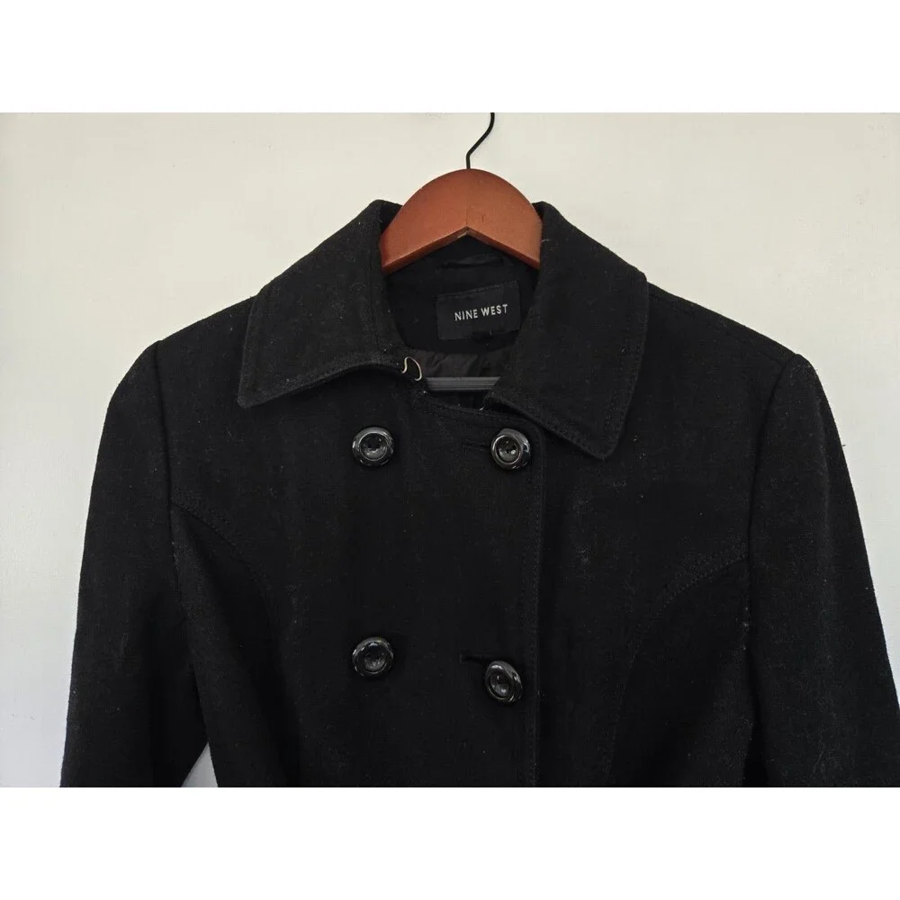 Nine West Womens 8 Black Wool Blend‎ Belted Peacoat Winter Old Money Classy
